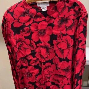Jones New York  Red Floral Long Sleeve Blouse Size 12